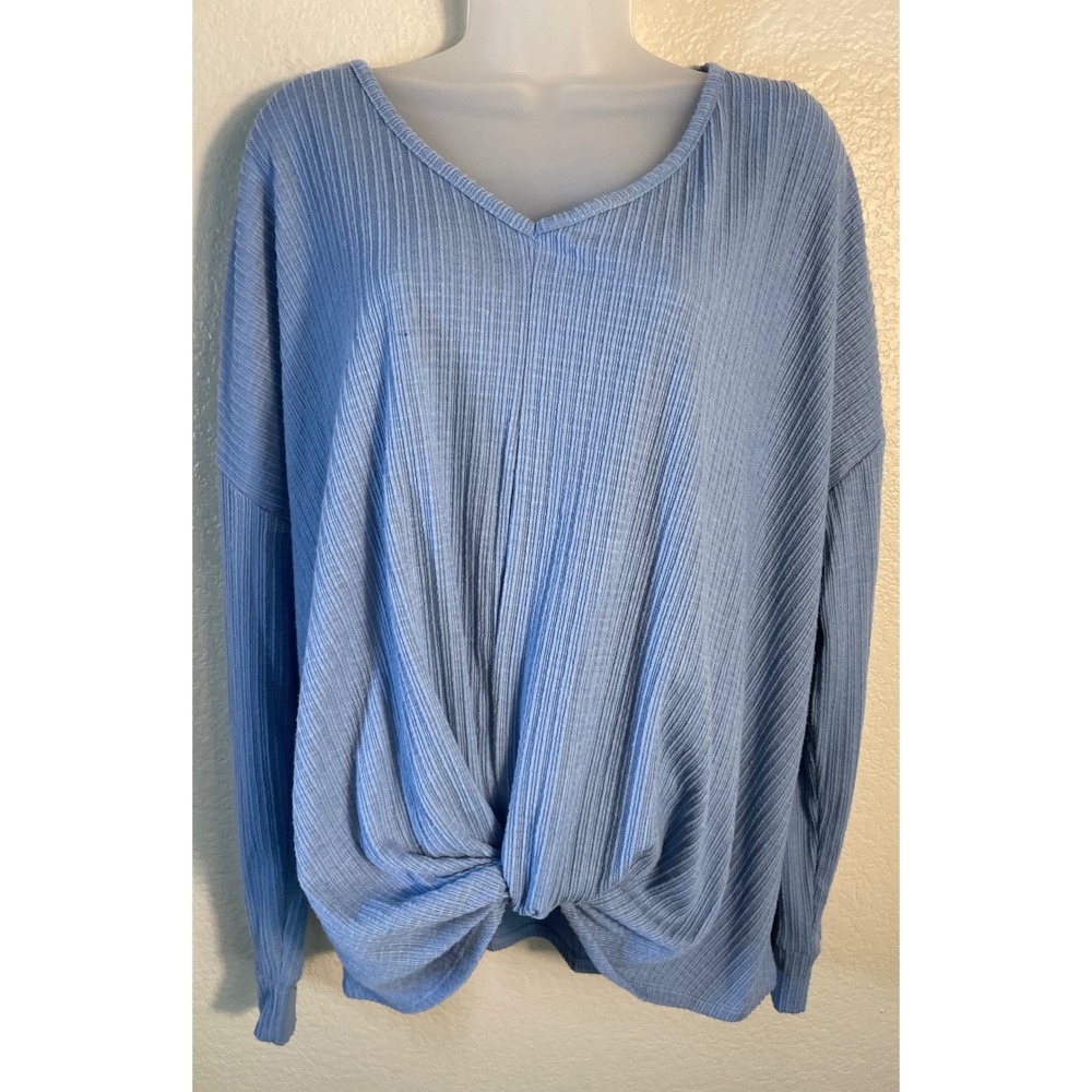 SO Womens XXL Top Light Blue Long Sleeve Ribbed Front Twist V Neck Casual Cozy